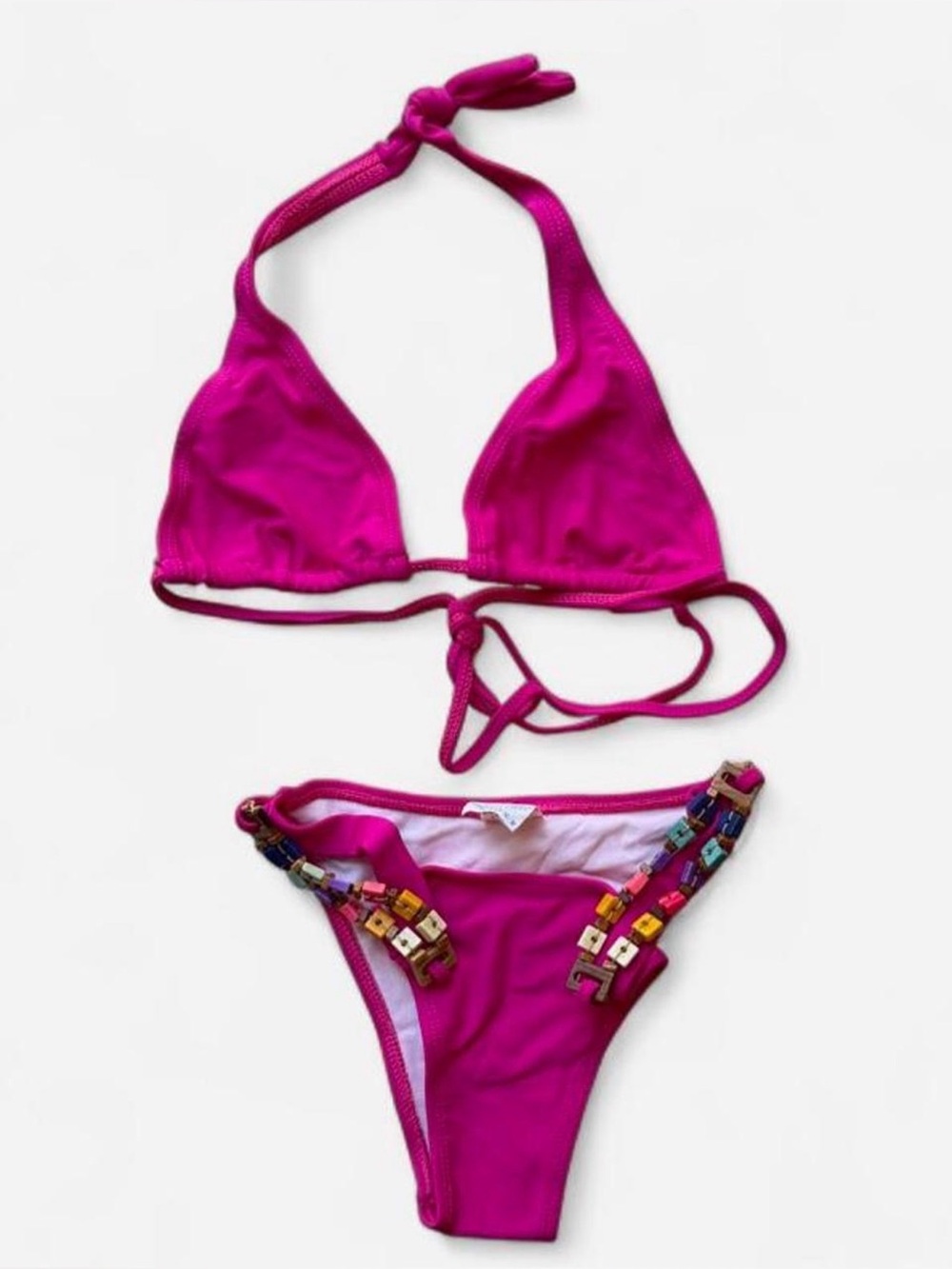 Kids Halter Triangle Bikini in Bright Fuchsia with Bead Trim NWOT